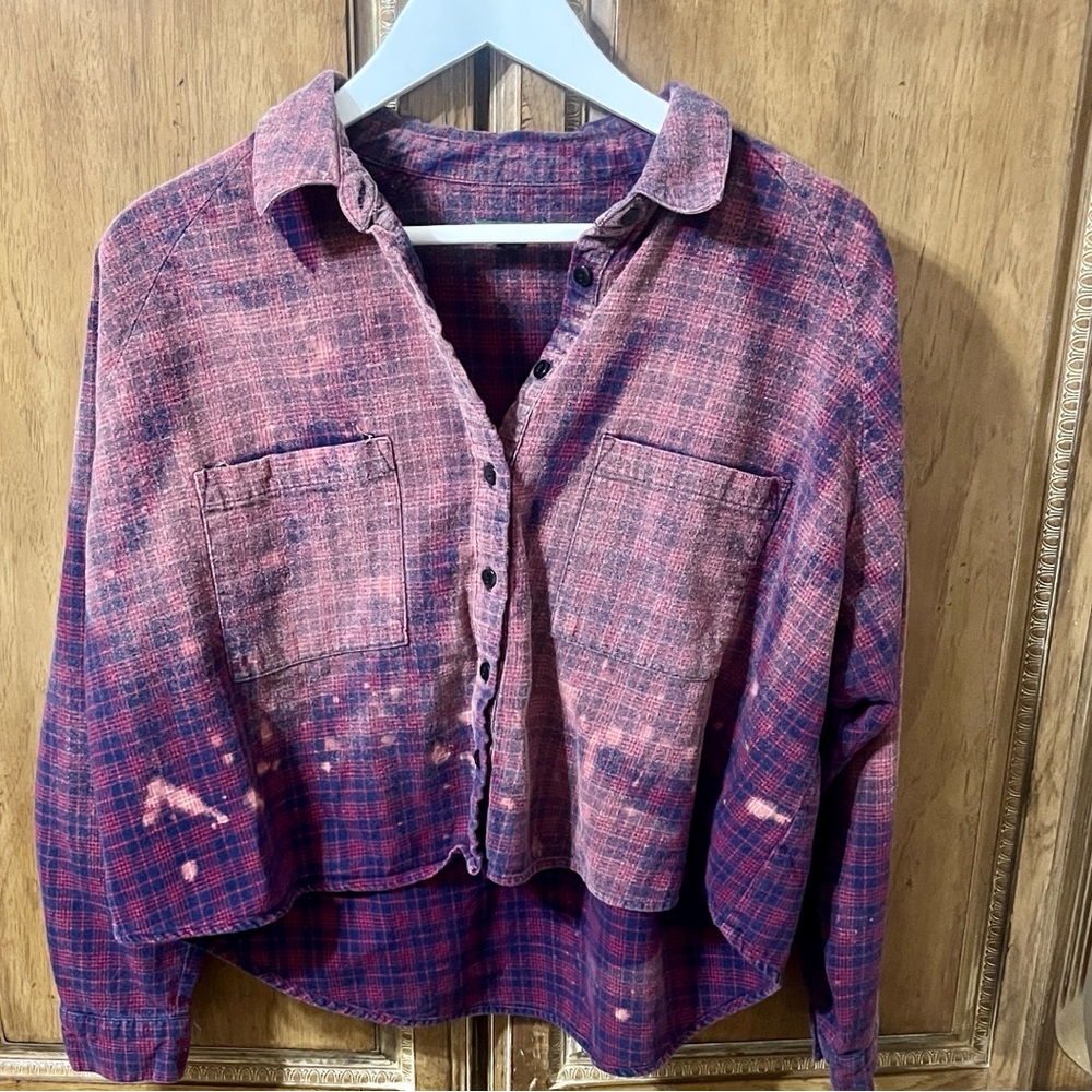 Cropped Boxy Flannel Shirt Size Large Bleached Out